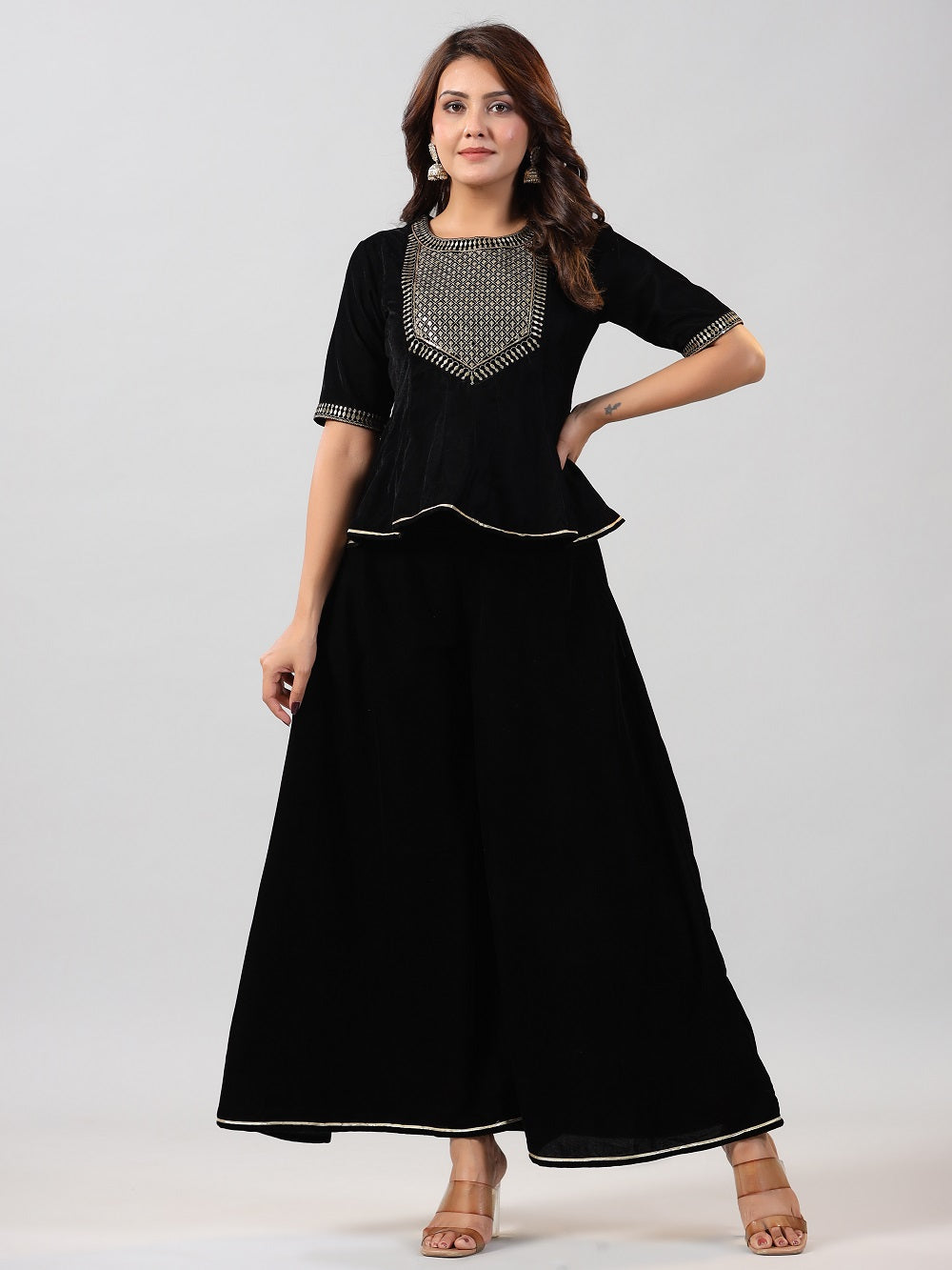 Juniper Women Black Velvet Embroidered Clothing Set