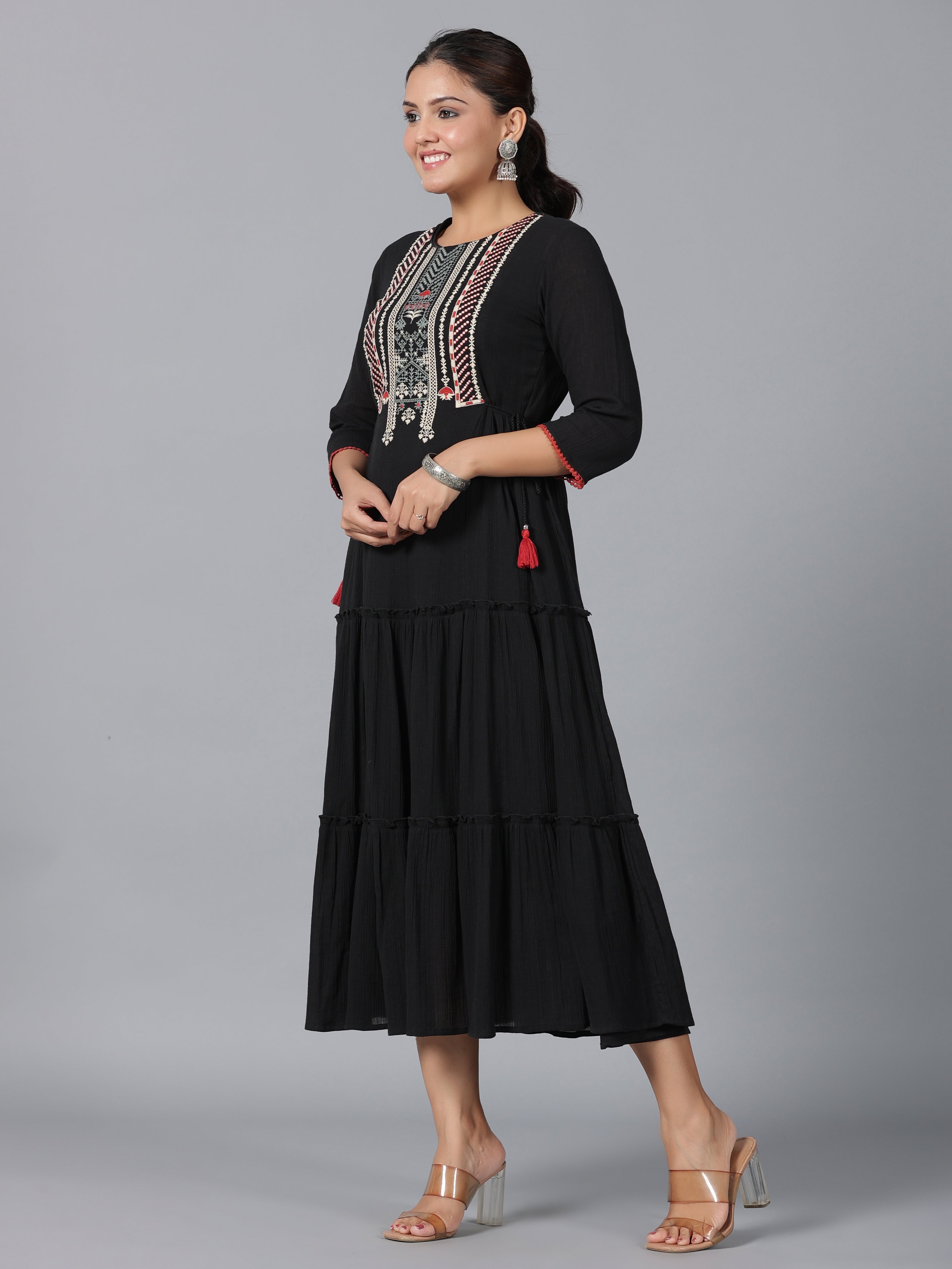 Juniper Women Black Cotton Crepe Embroidered Tiered Maxi Dress