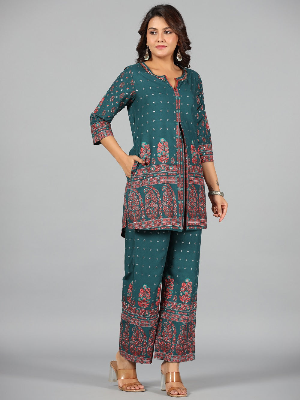 Juniper Green Ethnic Motif Printed Rayon Kurta & Pants Set With Sequins Work
