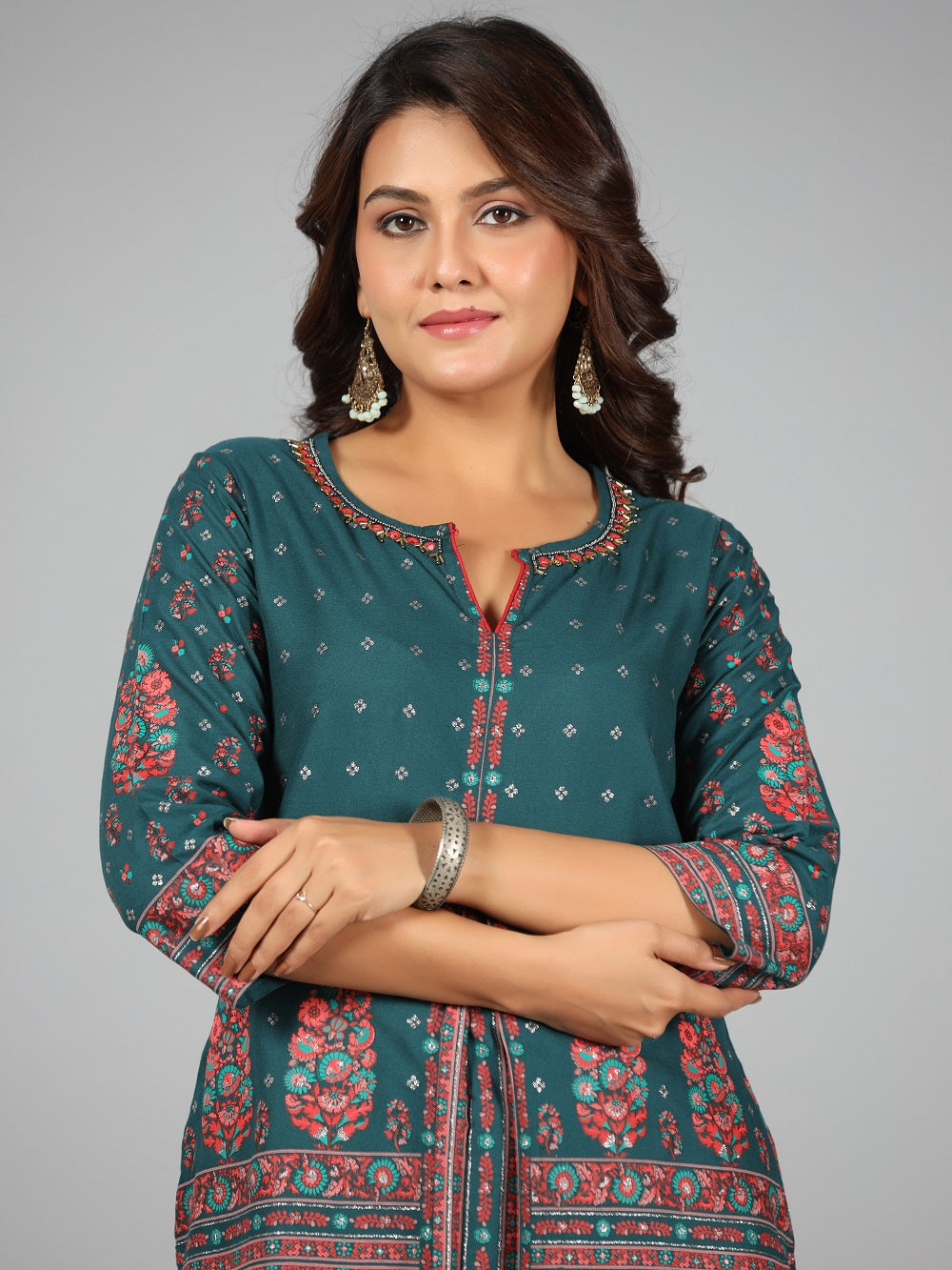 Juniper Green Ethnic Motif Printed Rayon Kurta & Pants Set With Sequins Work