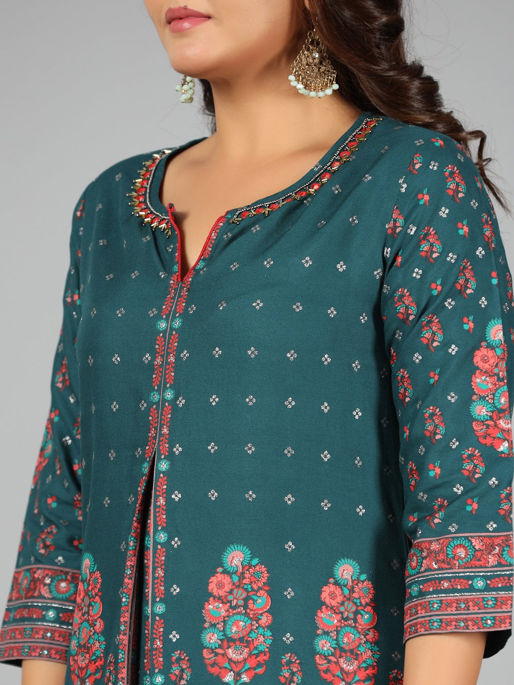 Juniper Green Ethnic Motif Printed Rayon Kurta & Pants Set With Sequins Work