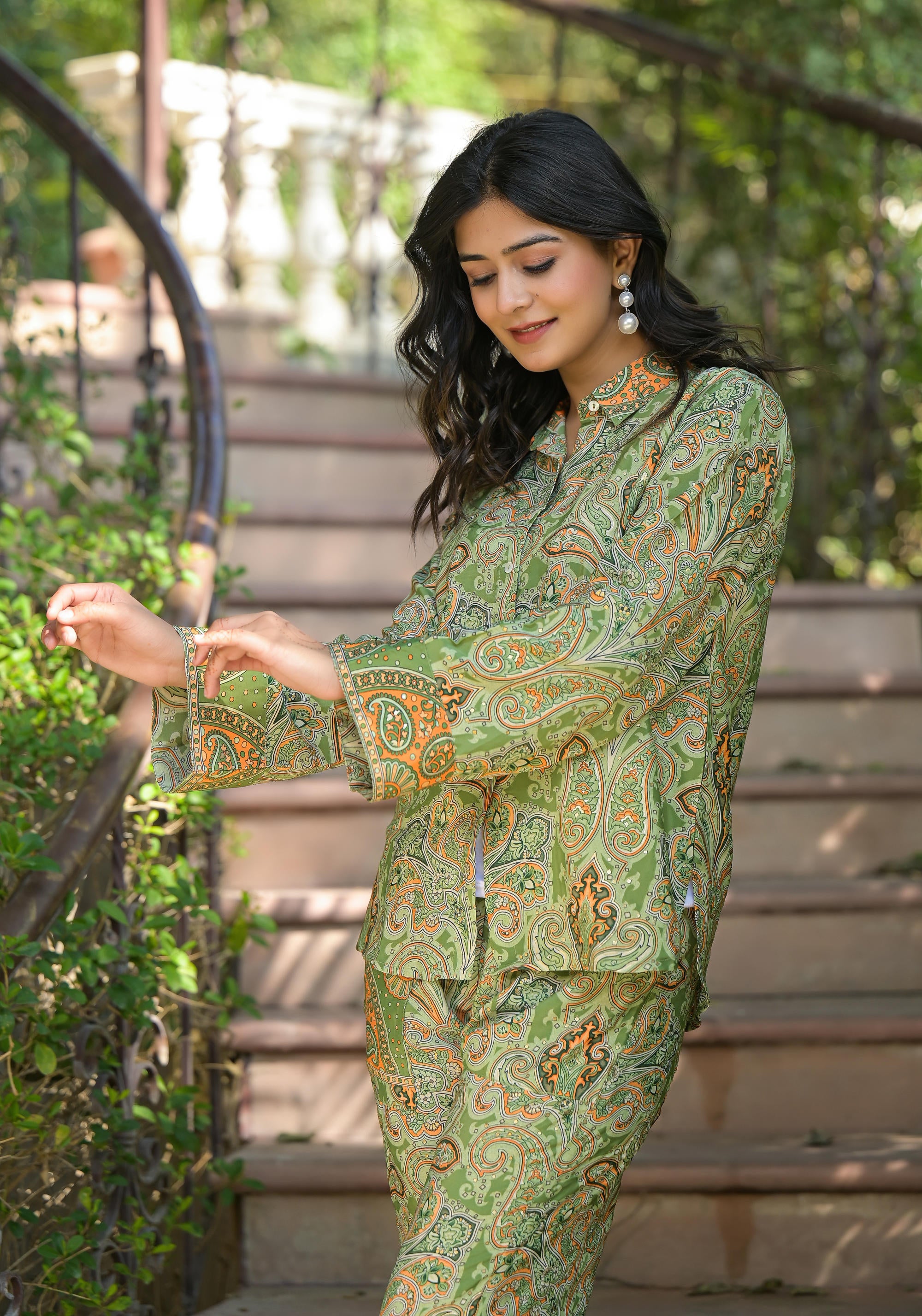 Green Floral Printed Kasturi Top & Palazzo  With Buttons