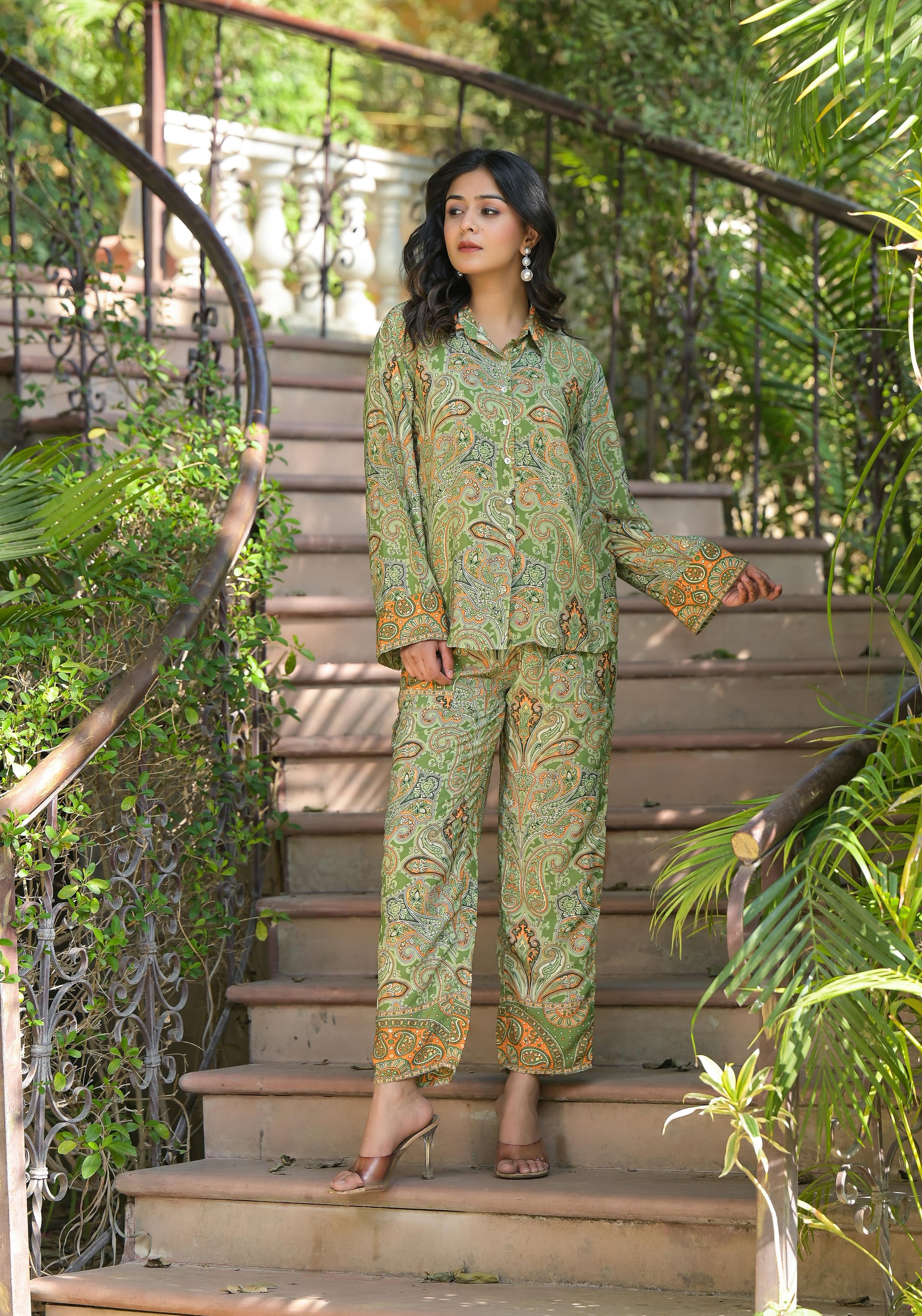 Green Floral Printed Kasturi Top & Palazzo  With Buttons