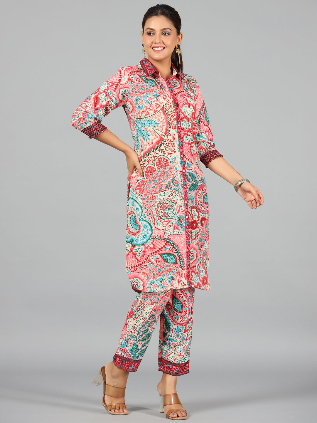 Juniper Women Beige Kasturi Silk Printed Clothing Set