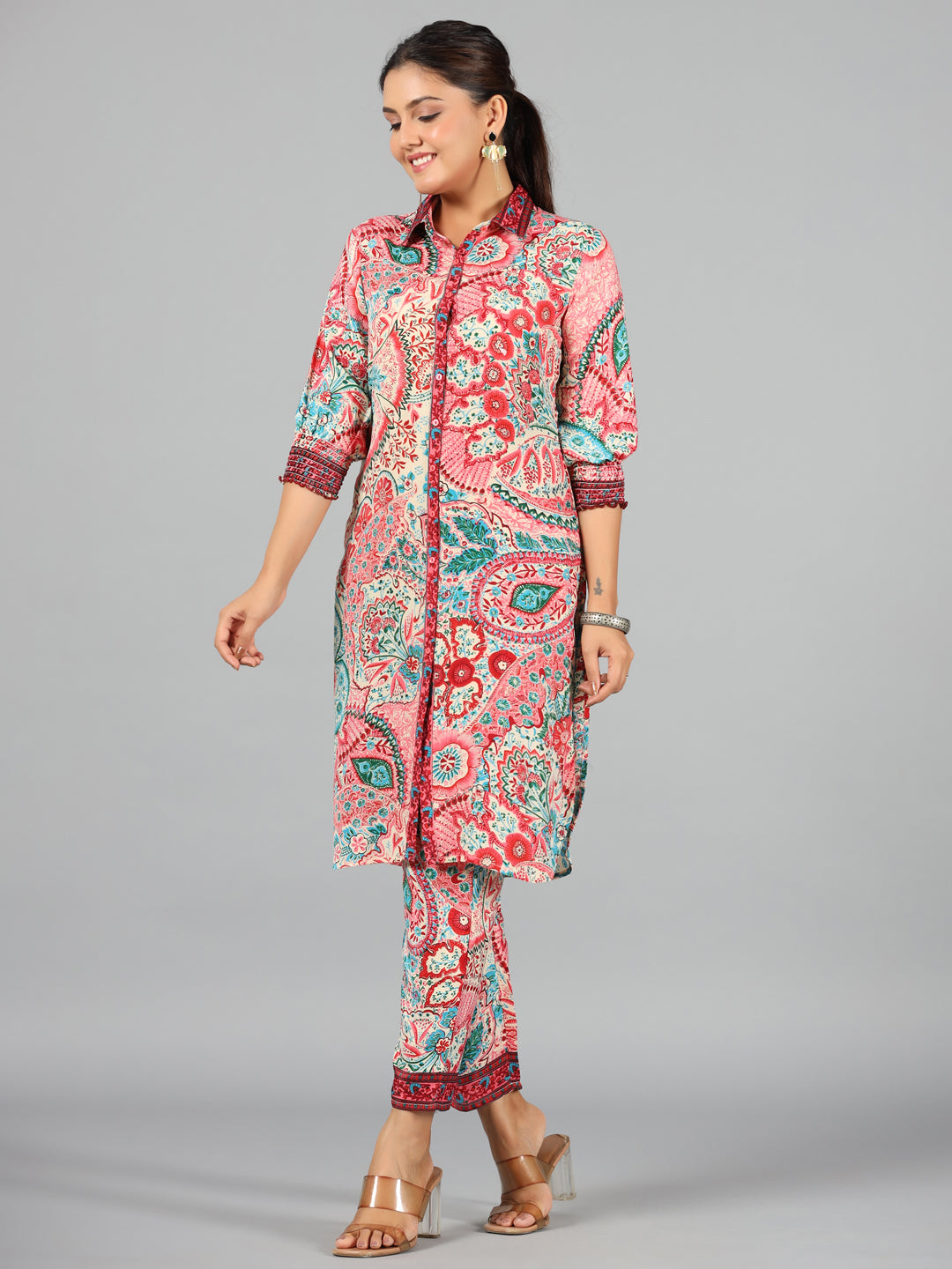 Juniper Women Beige Kasturi Silk Printed Clothing Set