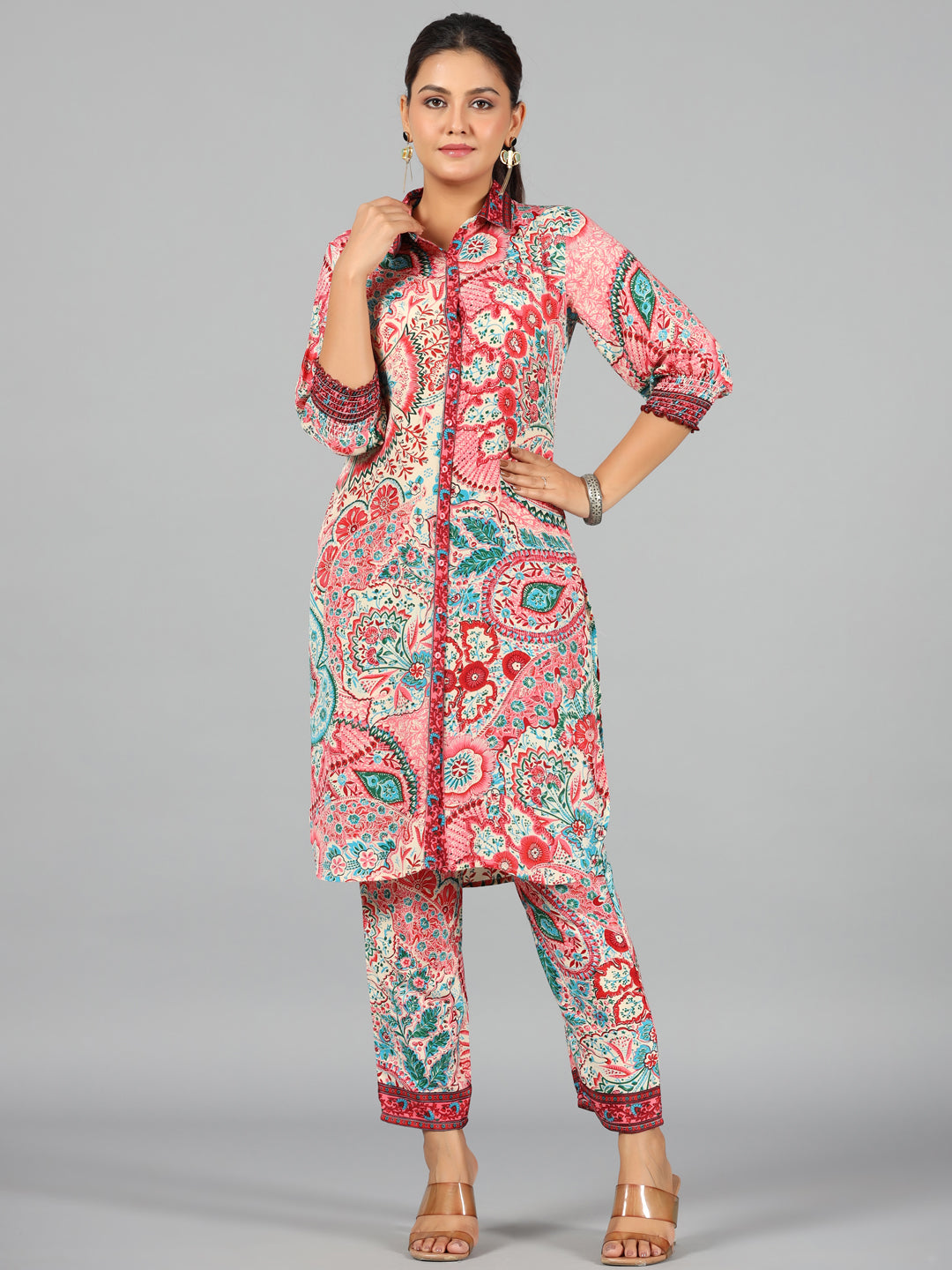 Juniper  Beige Ethnic Motif Kasturi Silk Tunic & Pants With Sequins Work