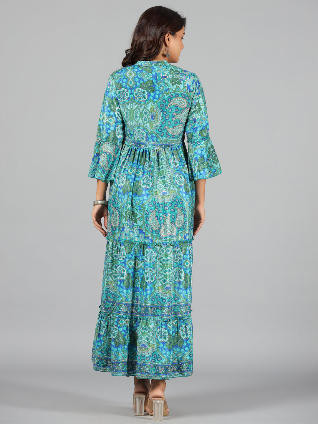 Juniper Women Blue Kasturi Silk Printed Tiered Maxi Dress