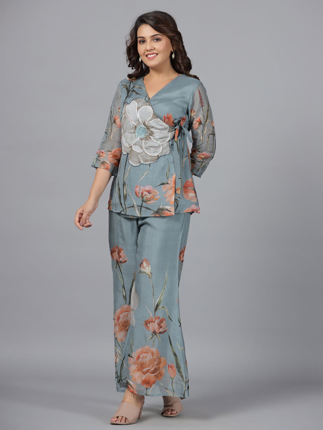 Juniper Grey Floral Printed Organza Printed Tunic & Sequins