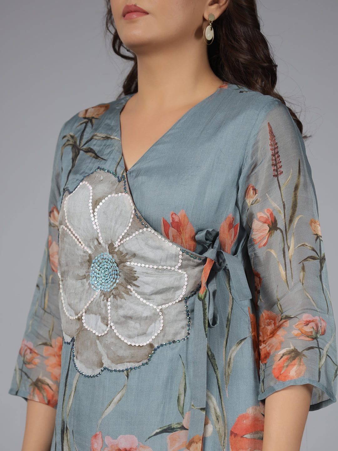 Juniper Grey Floral Printed Organza Printed Tunic & Sequins