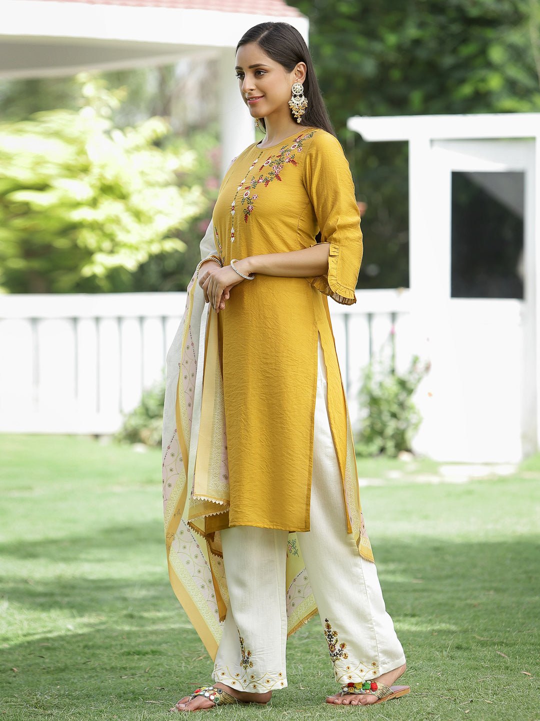Juniper Mustard Embroidered Mono Viscose Kurta Palazzo & Chanderi Dupatta Set