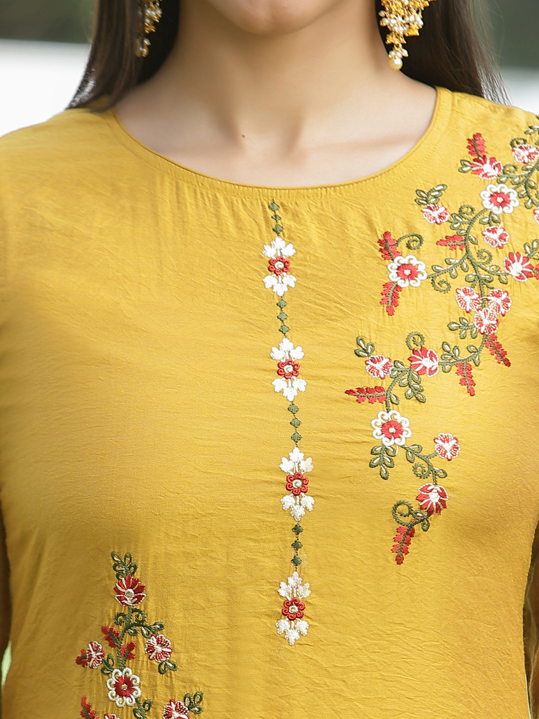 Juniper Mustard Embroidered Mono Viscose Kurta Palazzo & Chanderi Dupatta Set