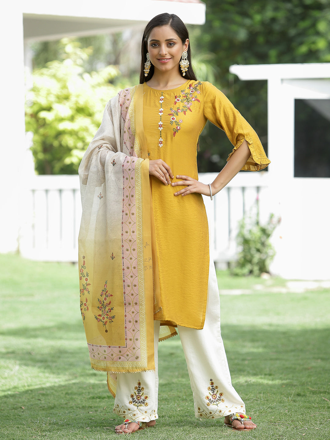 Juniper Mustard Embroidered Mono Viscose Kurta Palazzo & Chanderi Dupatta Set