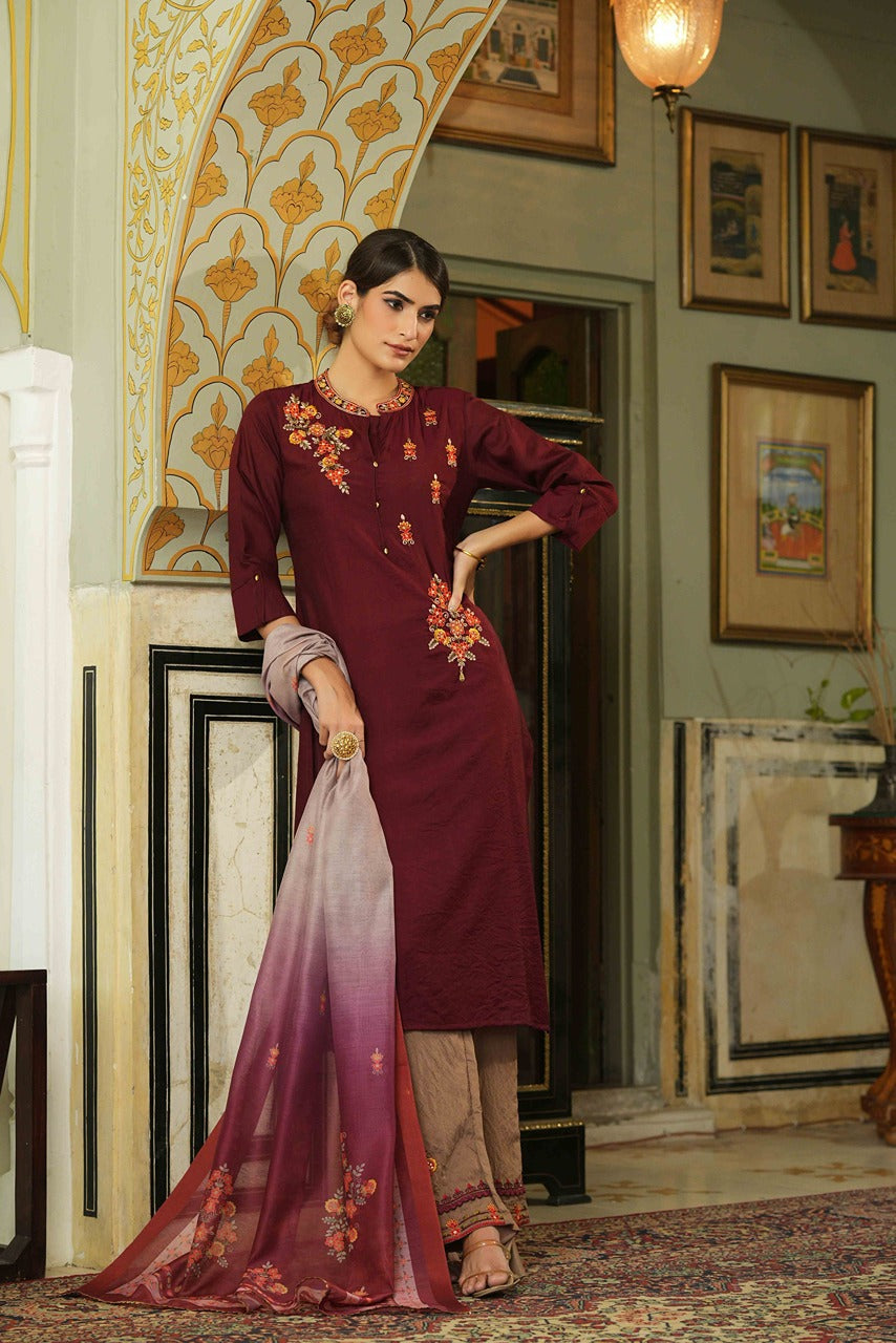 Juniper Maroon Embroidered Mono Viscose Kurta Palazzo & Chanderi Dupatta with Thread Work