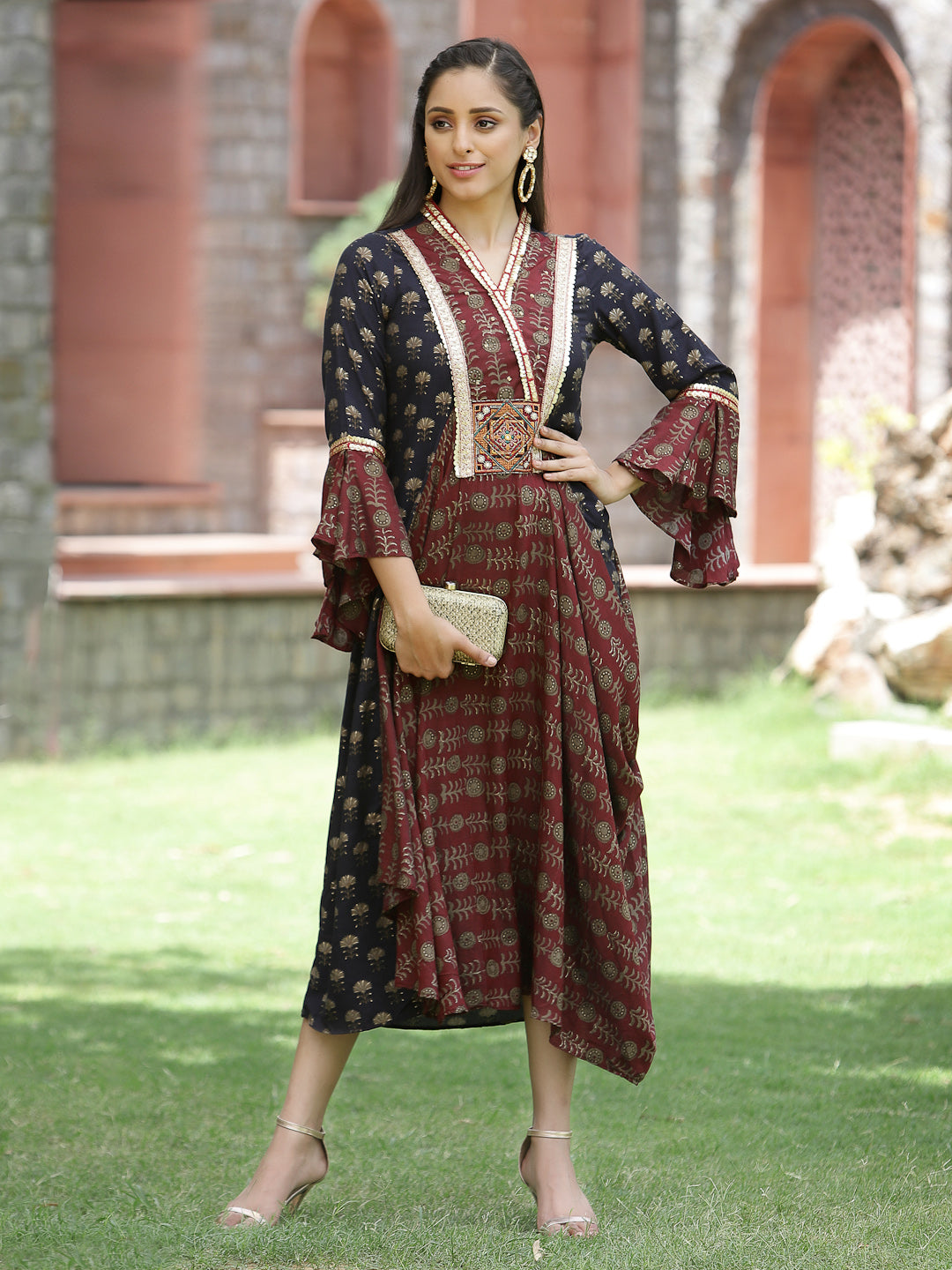 Juniper Women Brown Silk Printed Flared Dress