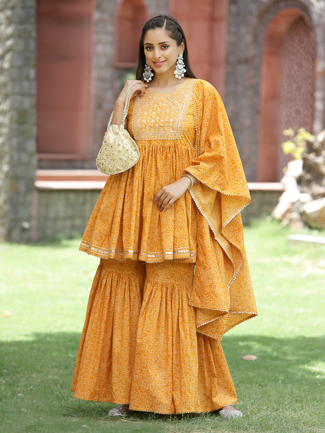 Juniper Women`s Yellow Cotton Embroidered Peplum Kurta Sets