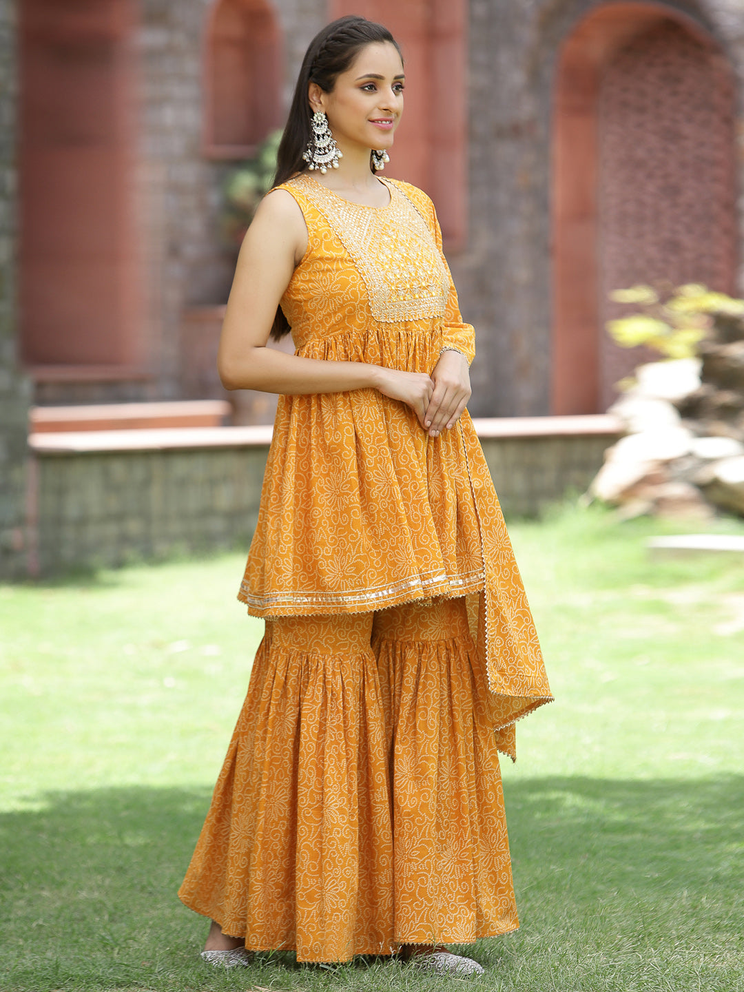 Juniper Women`s Yellow Cotton Embroidered Peplum Kurta Sets