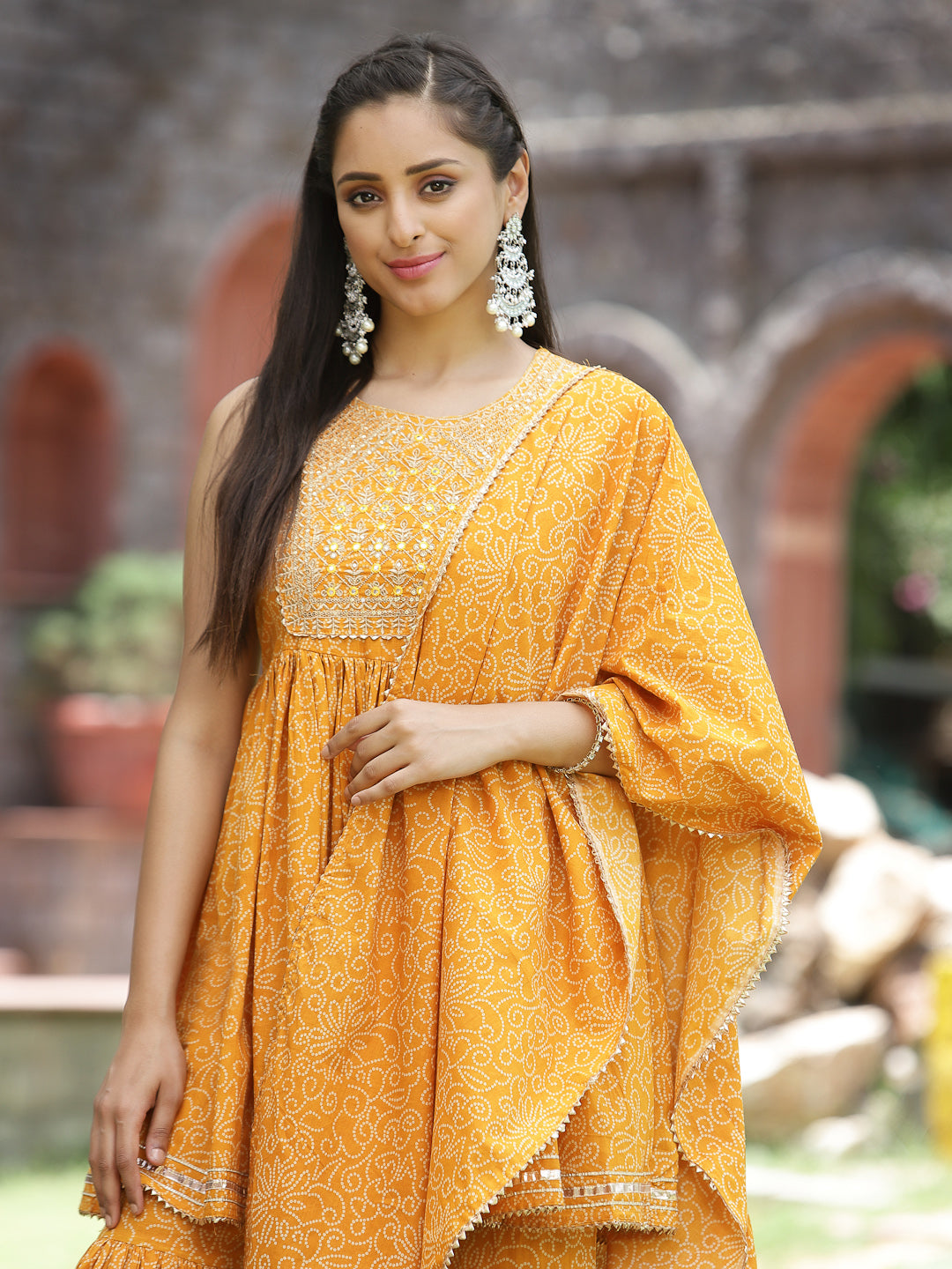 Juniper Women`s Yellow Cotton Embroidered Peplum Kurta Sets