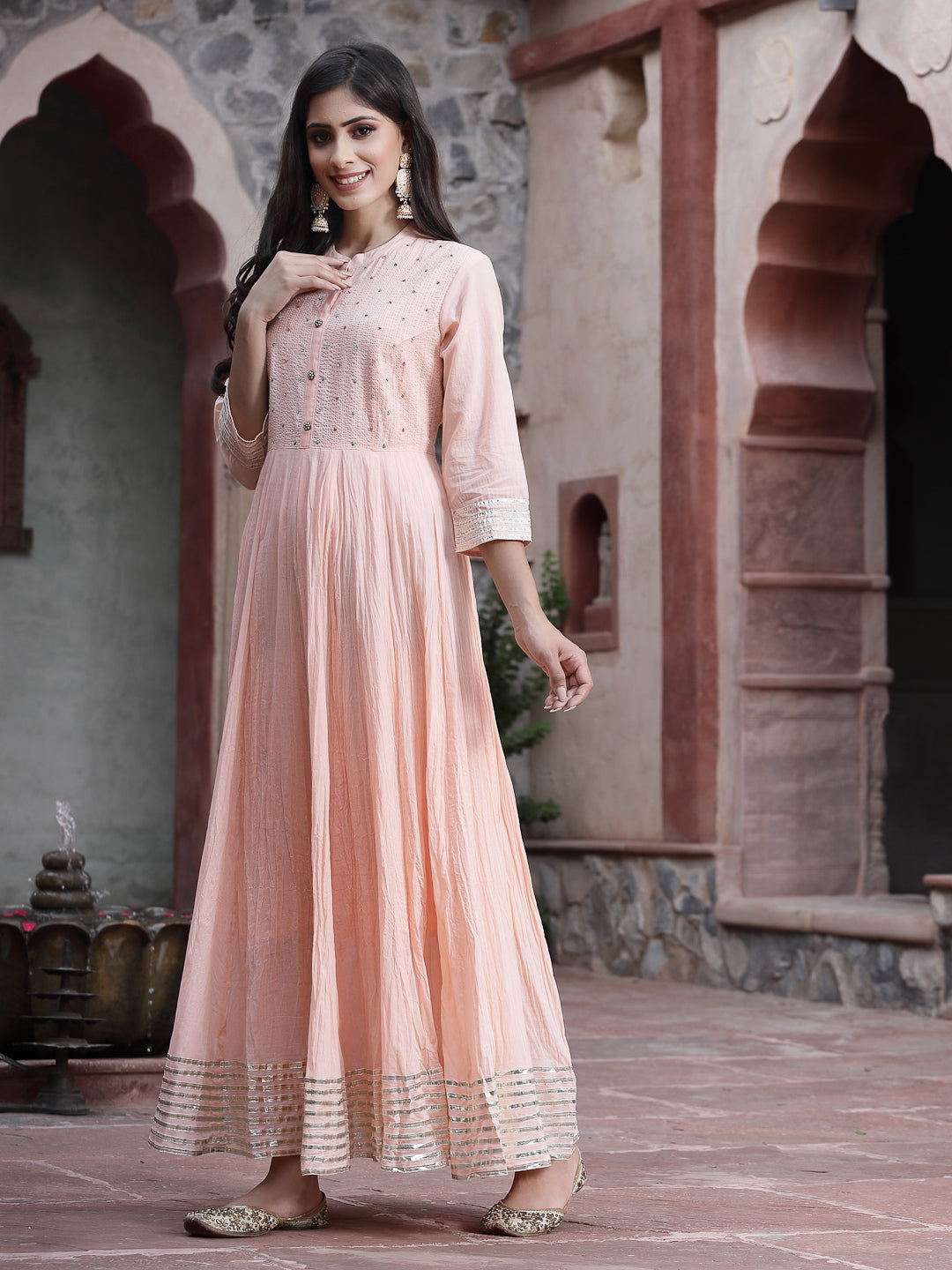 Juniper Peach Solid Cotton Maxi Dress with Beads Work