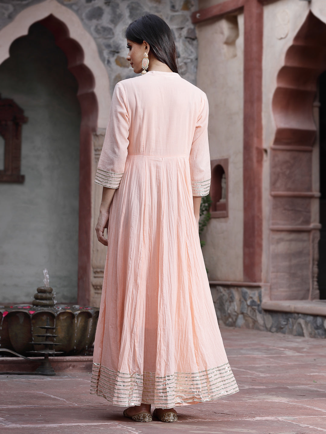 Juniper Peach Solid Cotton Maxi Dress with Beads Work