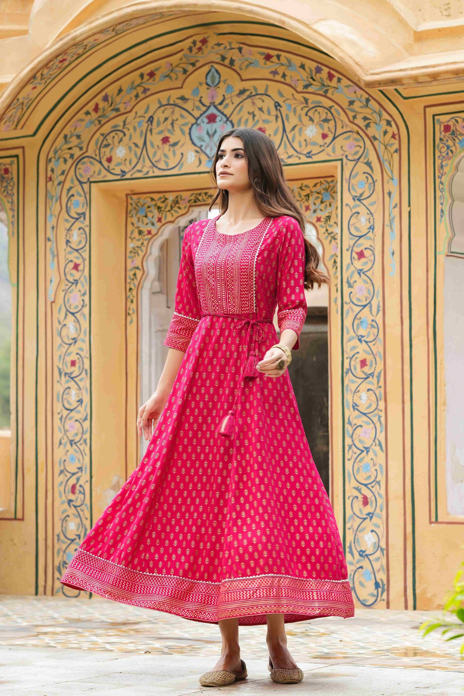 Juniper Women's Fuchsia Rayon Foil Printed Anarkali Maxi Dress