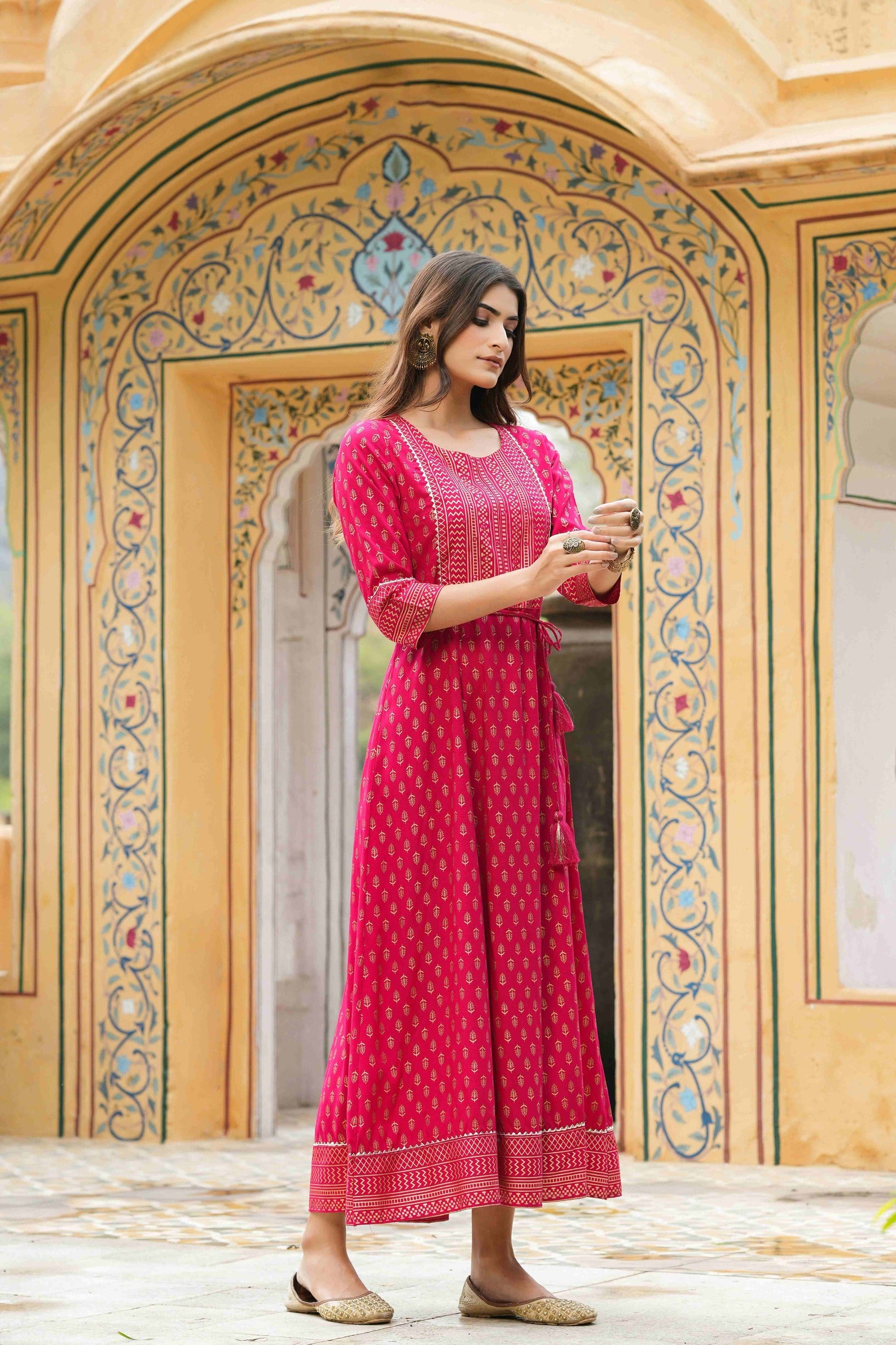 Juniper Women's Fuchsia Rayon Foil Printed Anarkali Maxi Dress