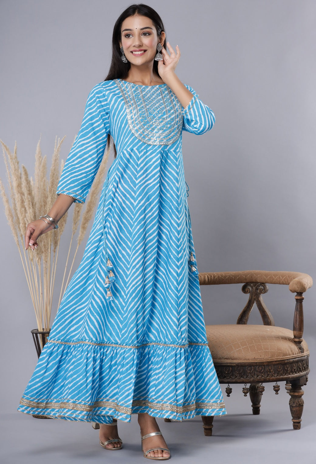 Juniper Sky Blue Cotton Leheriya Printed Anarkali Dress with Embroidered Yoke