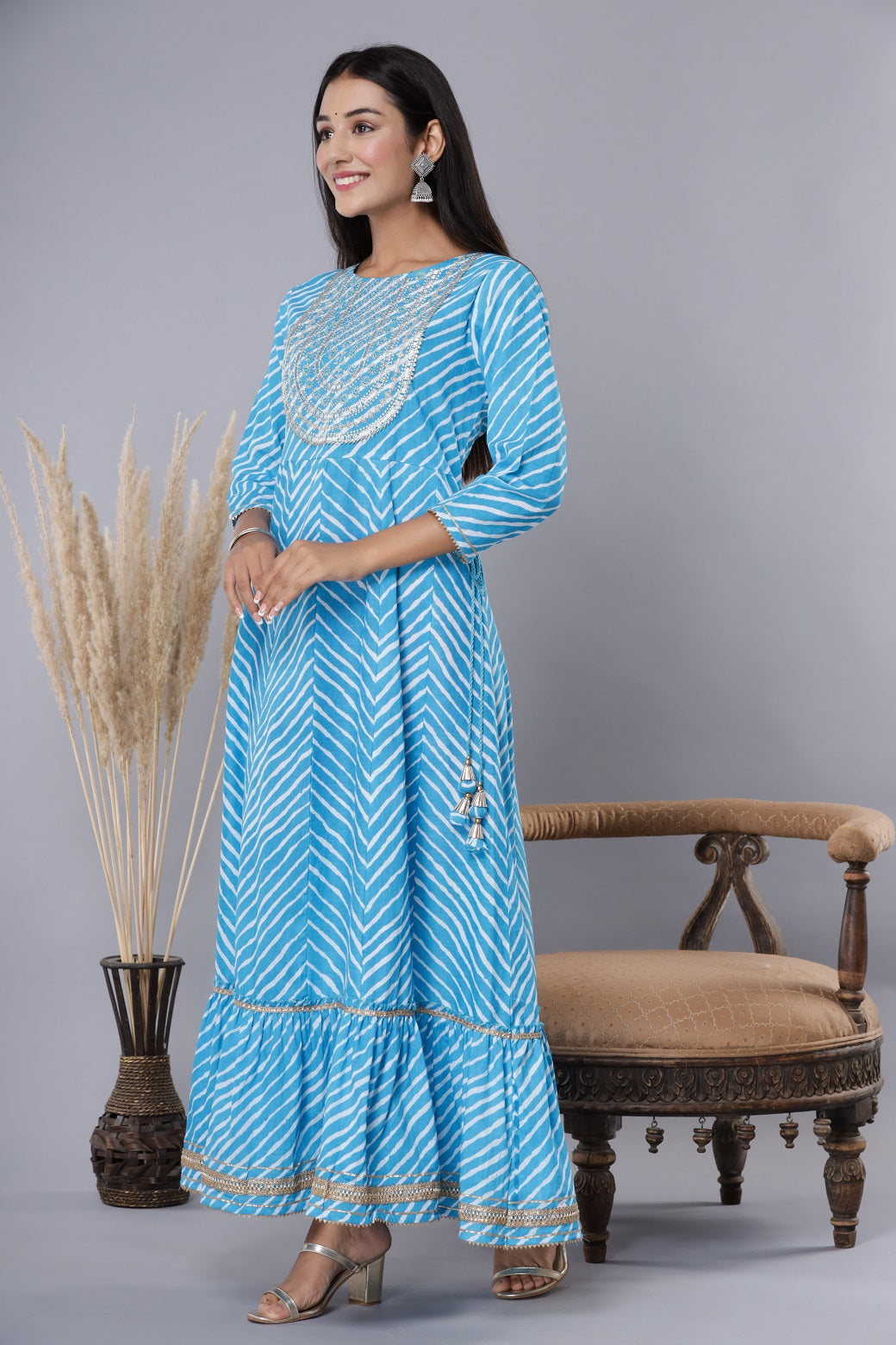 Juniper Sky Blue Cotton Leheriya Printed Anarkali Dress with Embroidered Yoke