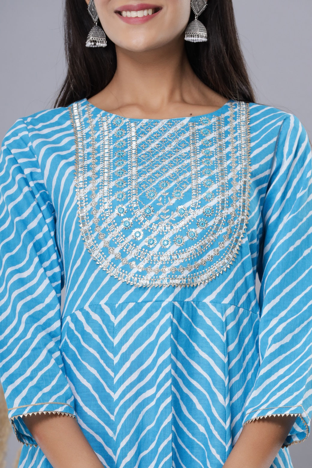 Juniper Sky Blue Cotton Leheriya Printed Anarkali Dress with Embroidered Yoke