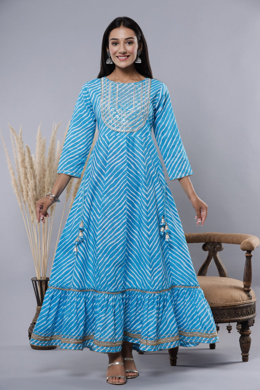 Juniper Sky Blue Cotton Leheriya Printed Anarkali Dress with Embroidered Yoke