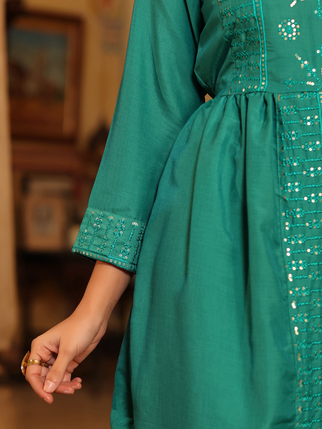 Juniper Women Teal Muslin Embroidered Maxi Dress