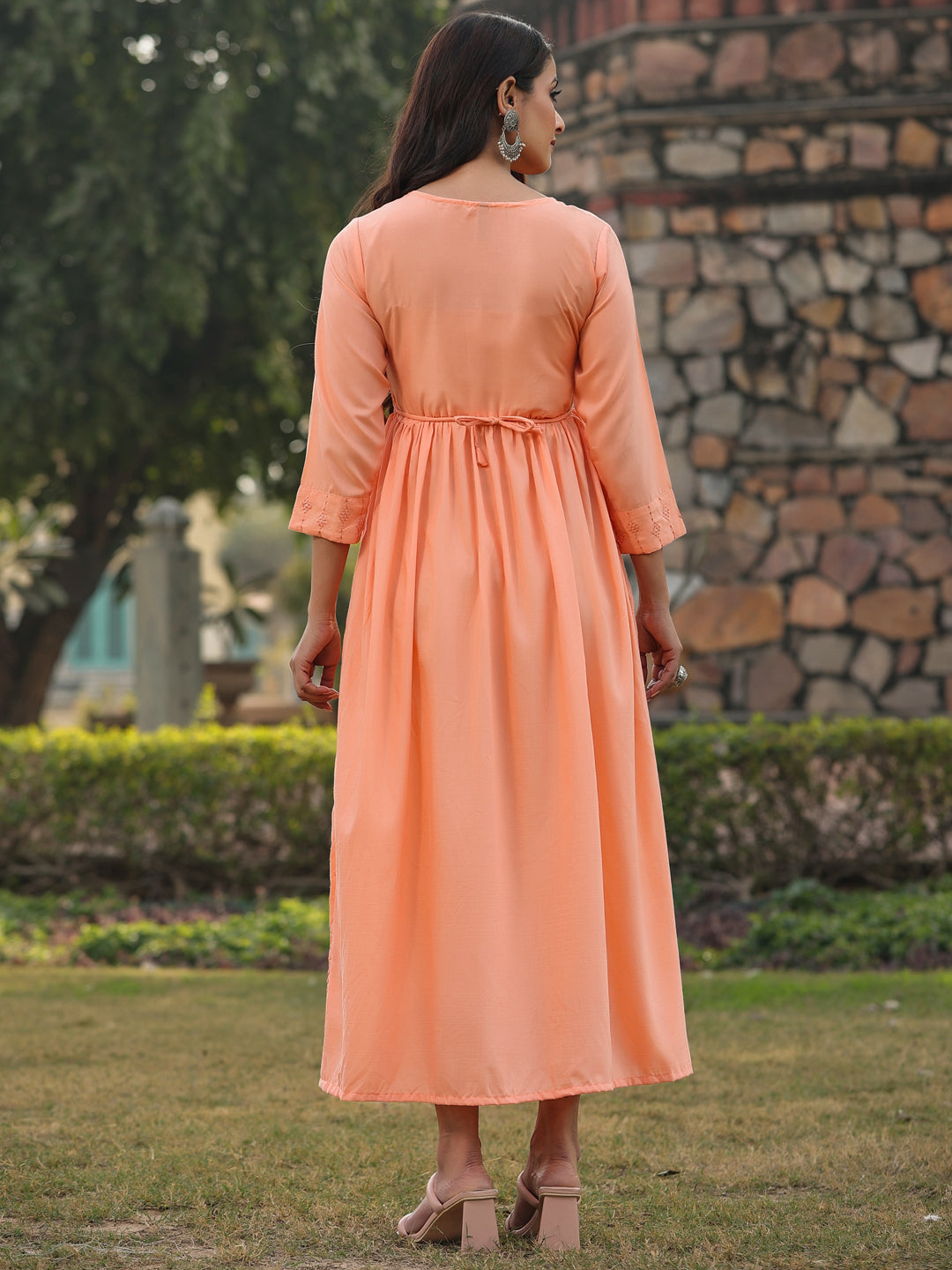 Juniper Women Peach Muslin Embroidered Maxi Dress