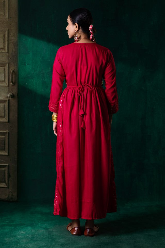 Juniper Red Muslin Embroidered Maxi Dress With Dori Tie Up & Tassels At Waist