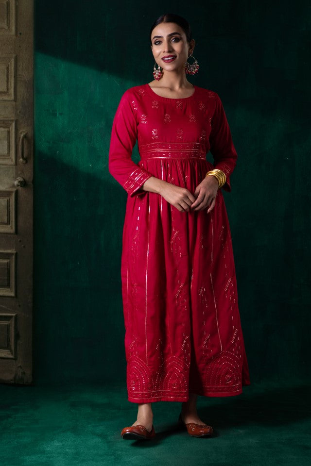 Juniper Red Muslin Embroidered Maxi Dress With Dori Tie Up & Tassels At Waist