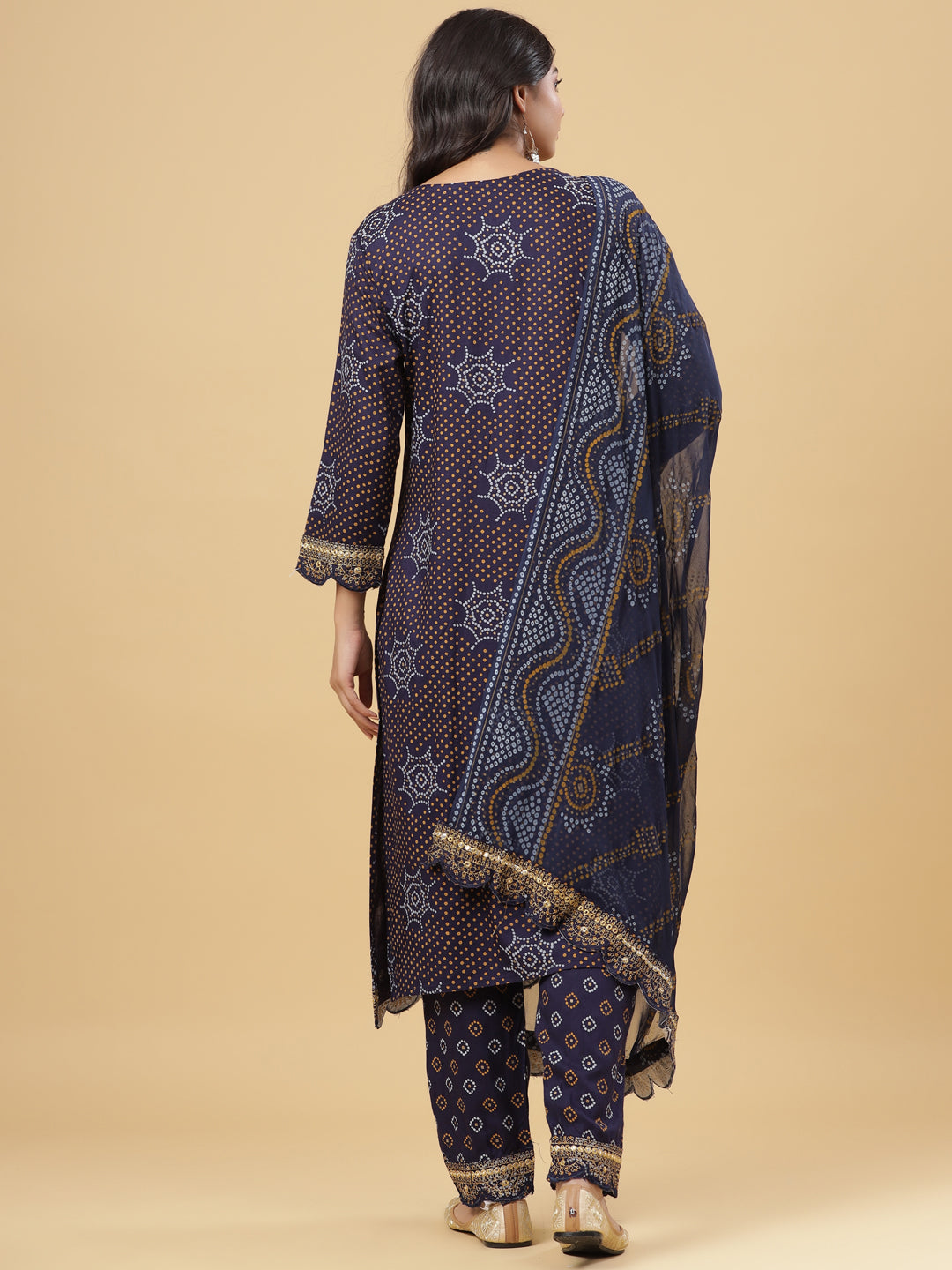 Juniper Navy Blue Bandhani Printed & Embroidered Rayon Kurta Pants & Dupatta with Sequins & Zari Work