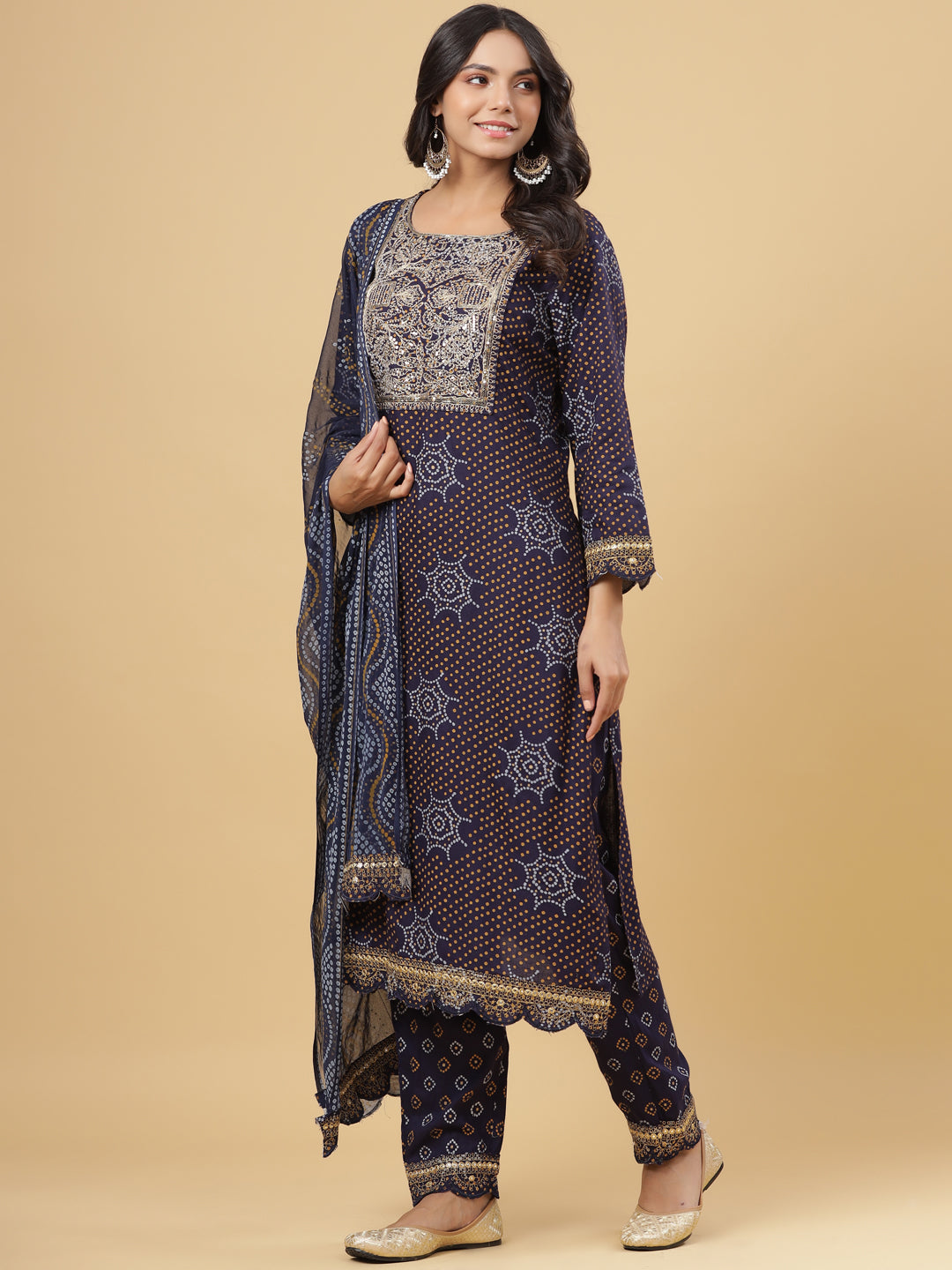 Juniper Navy Blue Bandhani Printed & Embroidered Rayon Kurta Pants & Dupatta with Sequins & Zari Work