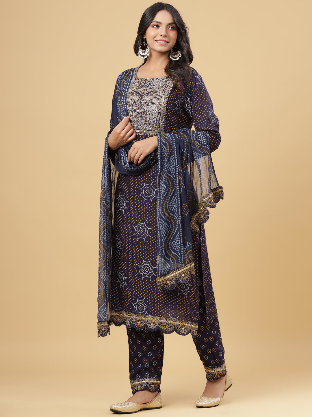 Juniper Navy Blue Bandhani Printed & Embroidered Rayon Kurta Pants & Dupatta with Sequins & Zari Work