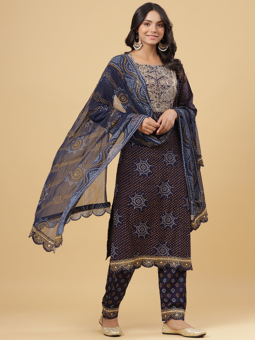 Juniper Navy Blue Bandhani Printed & Embroidered Rayon Kurta Pants & Dupatta with Sequins & Zari Work