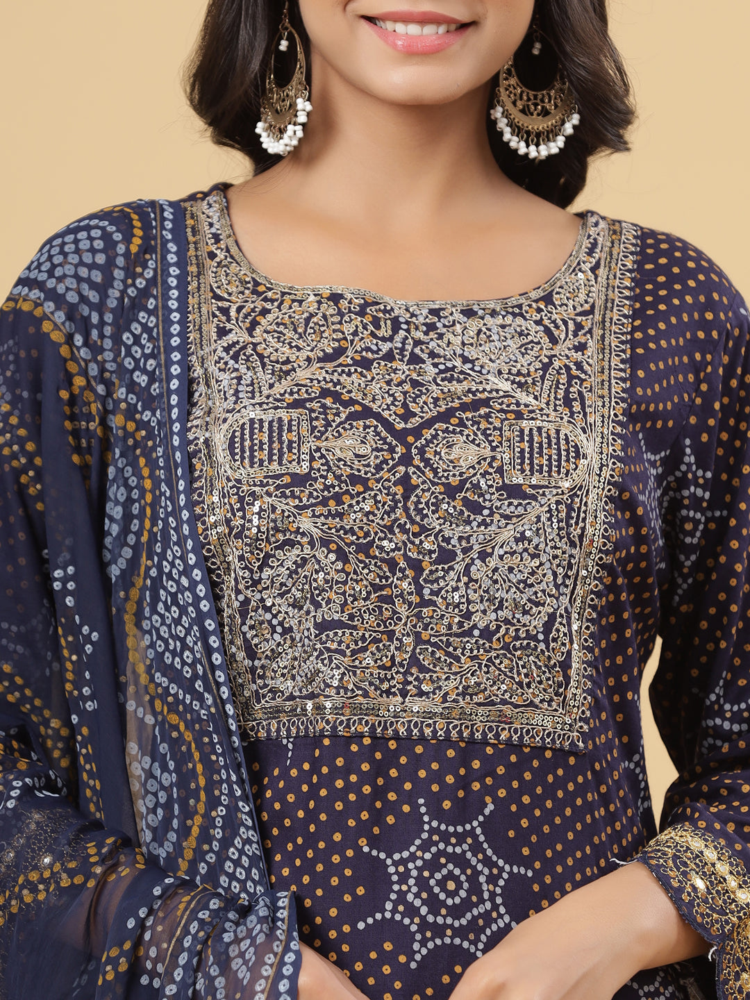 Juniper Navy Blue Bandhani Printed & Embroidered Rayon Kurta Pants & Dupatta with Sequins & Zari Work