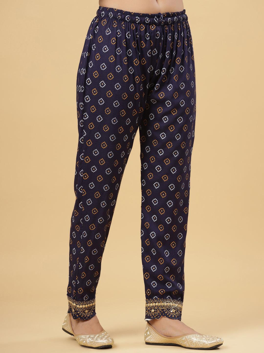 Juniper Navy Blue Bandhani Printed & Embroidered Rayon Kurta Pants & Dupatta with Sequins & Zari Work