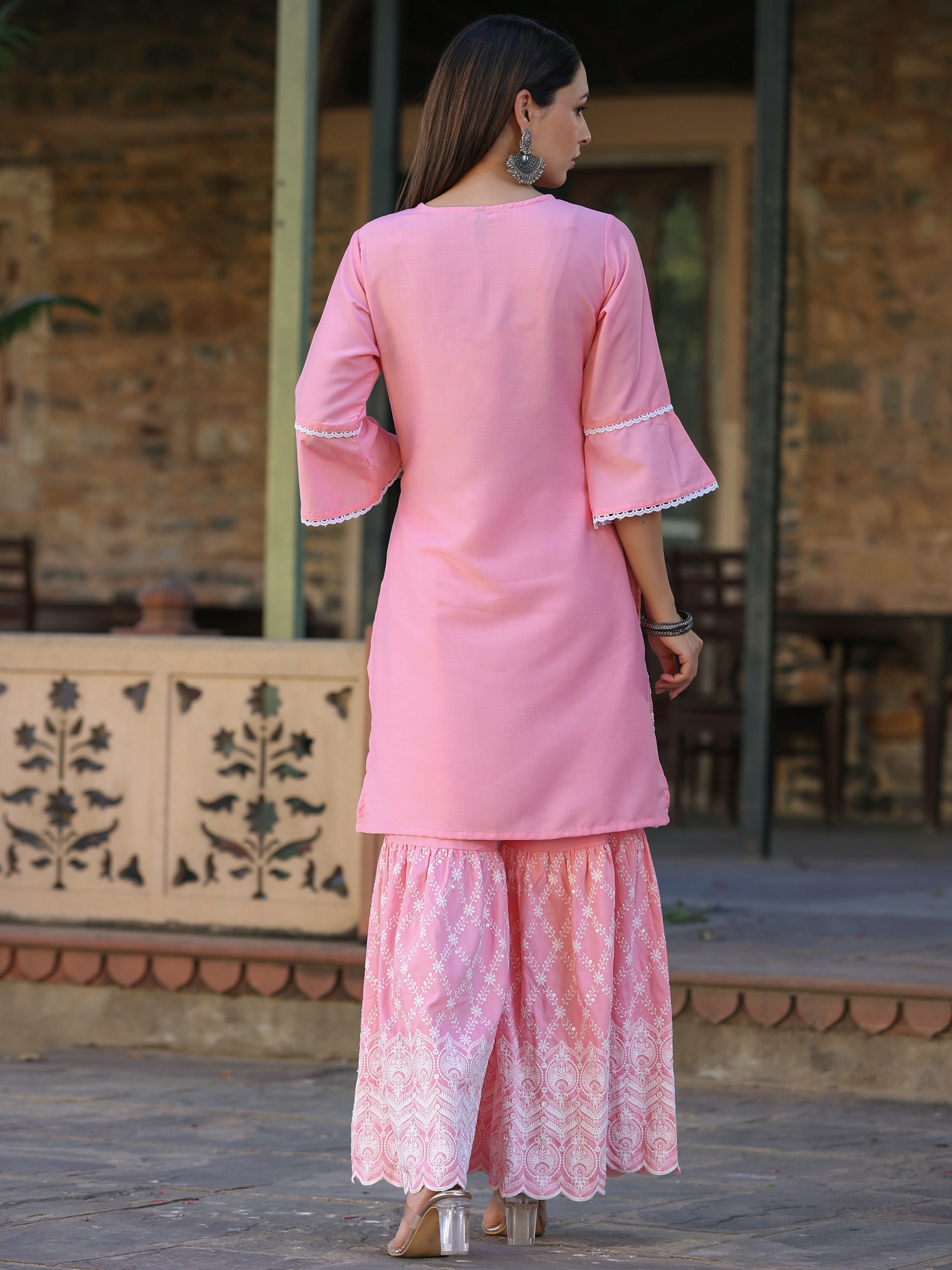 Juniper Pink Embroidered Chinnon Kurta Sharara & Chiffon Dupatta Set