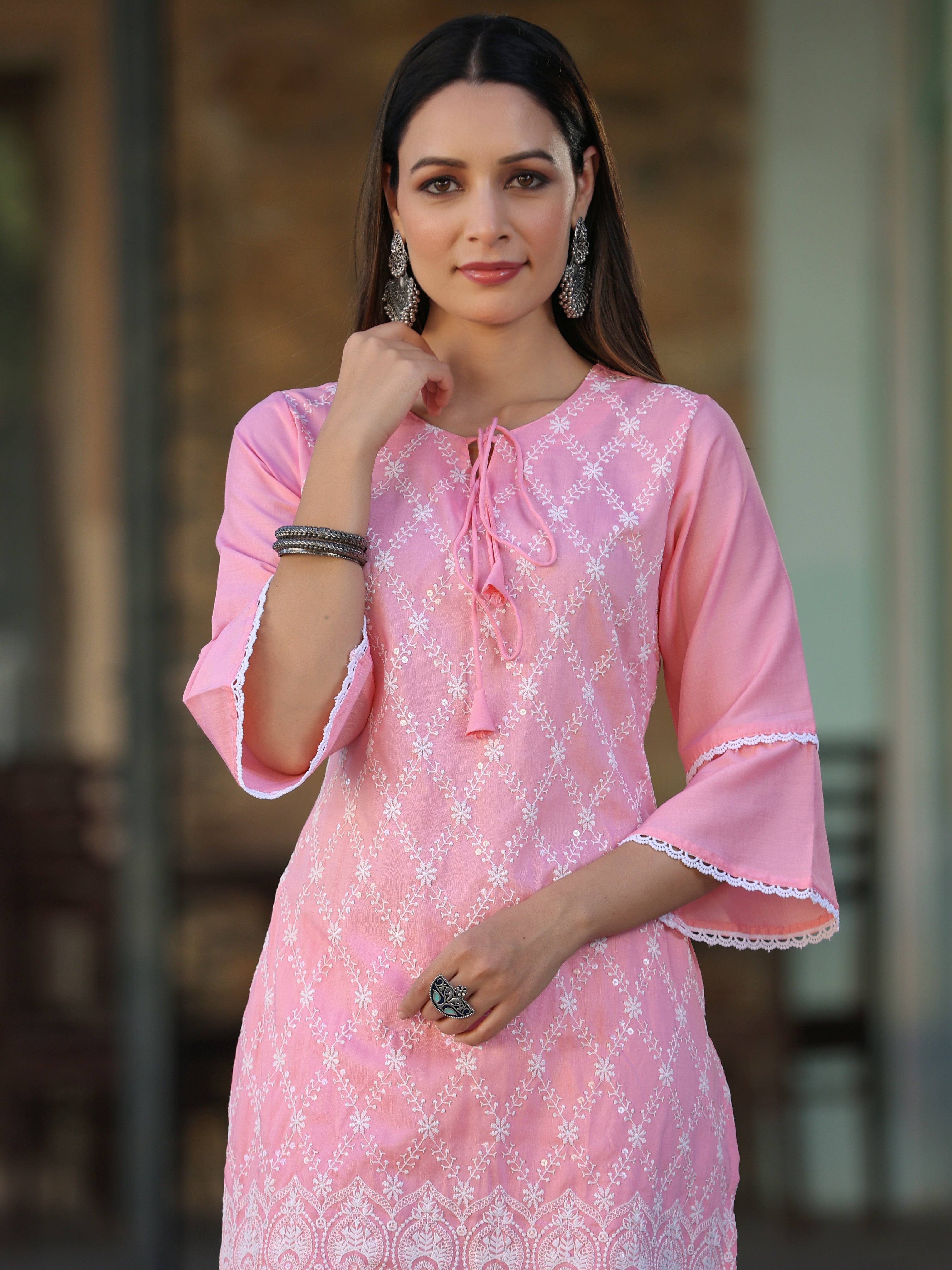Juniper Pink Embroidered Chinnon Kurta Sharara & Chiffon Dupatta Set