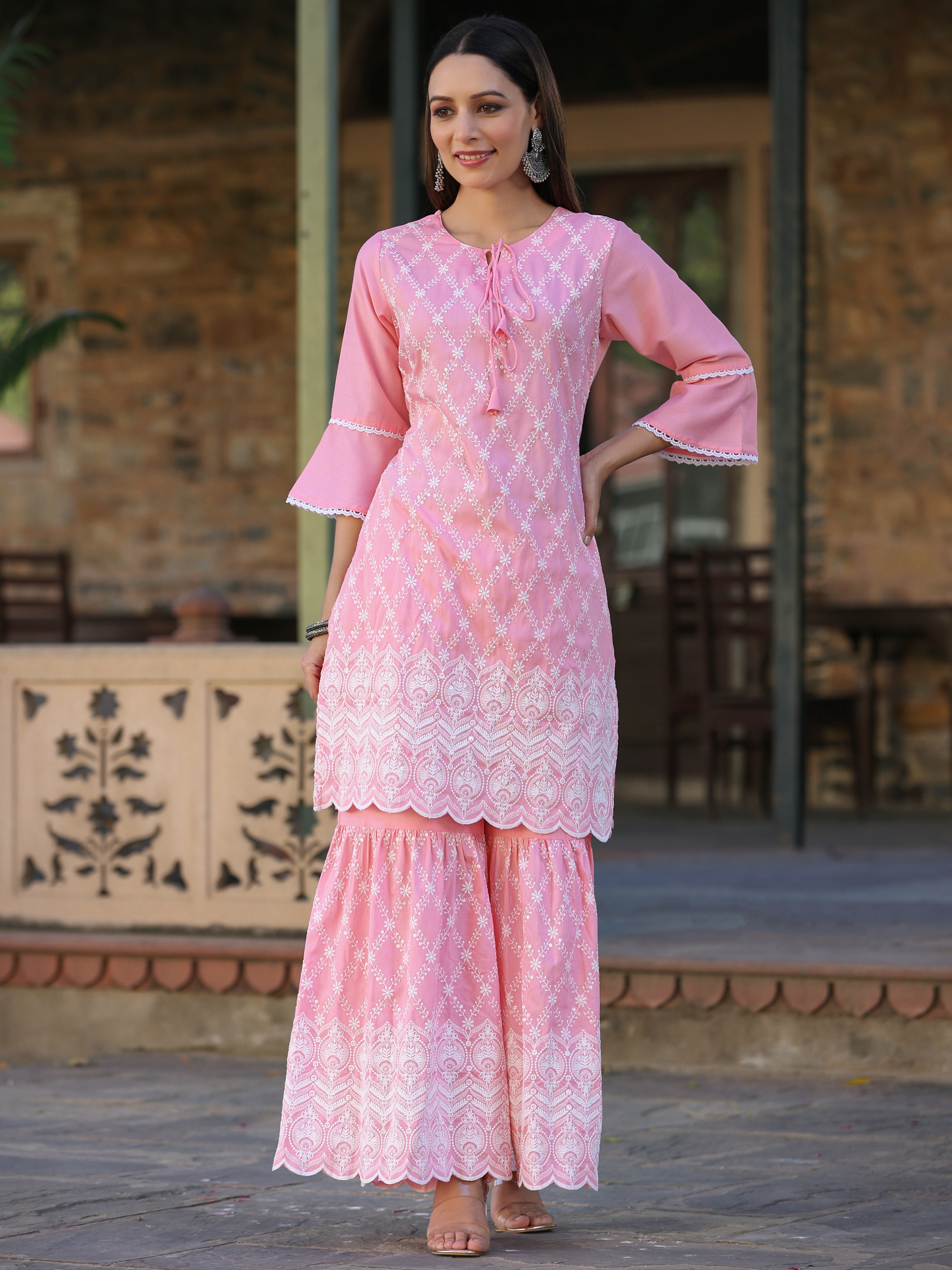 Juniper Pink Embroidered Chinnon Kurta Sharara & Chiffon Dupatta Set