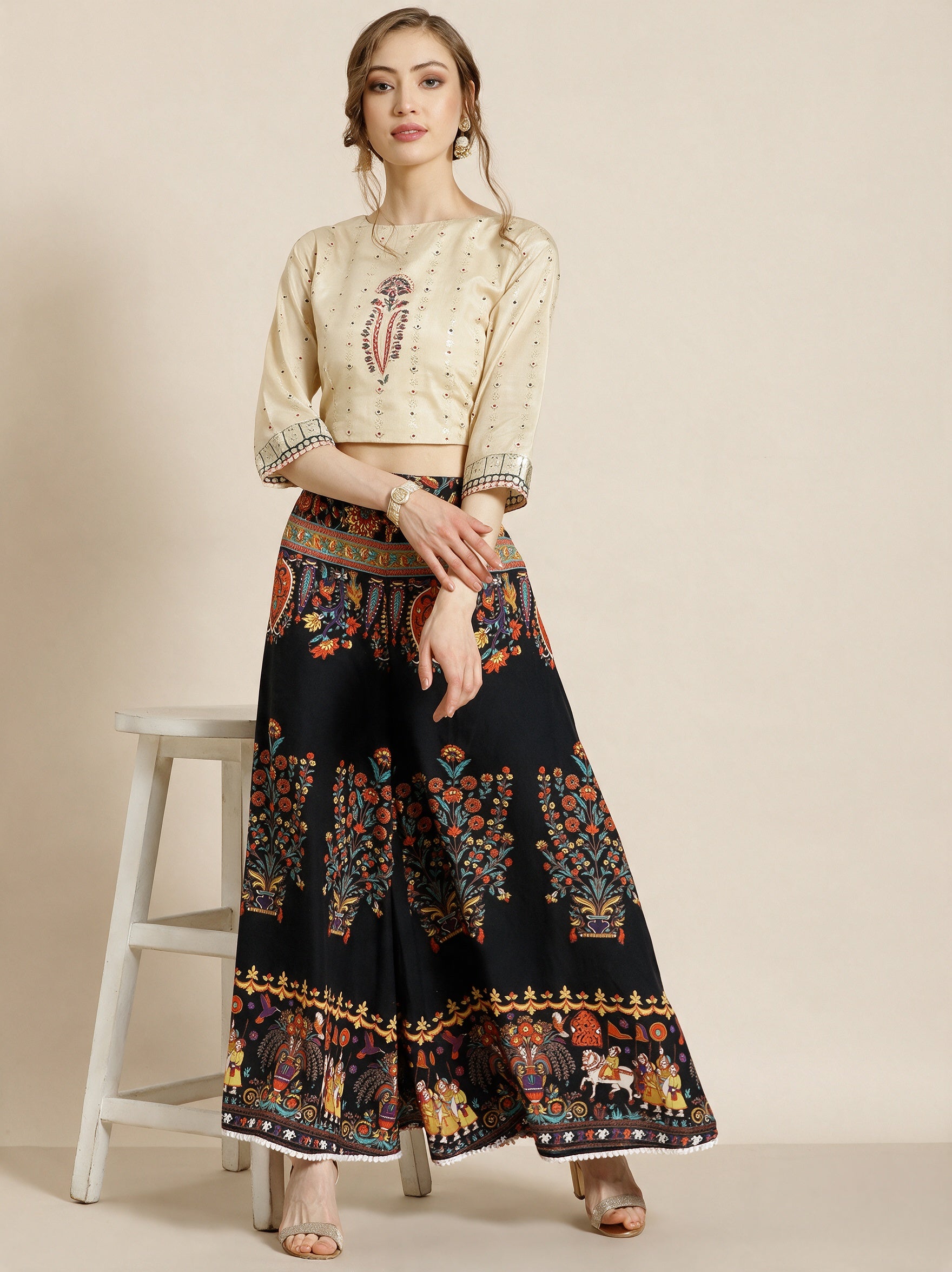 Juniper Women`s Black Cotton Printed Flared Palazzo