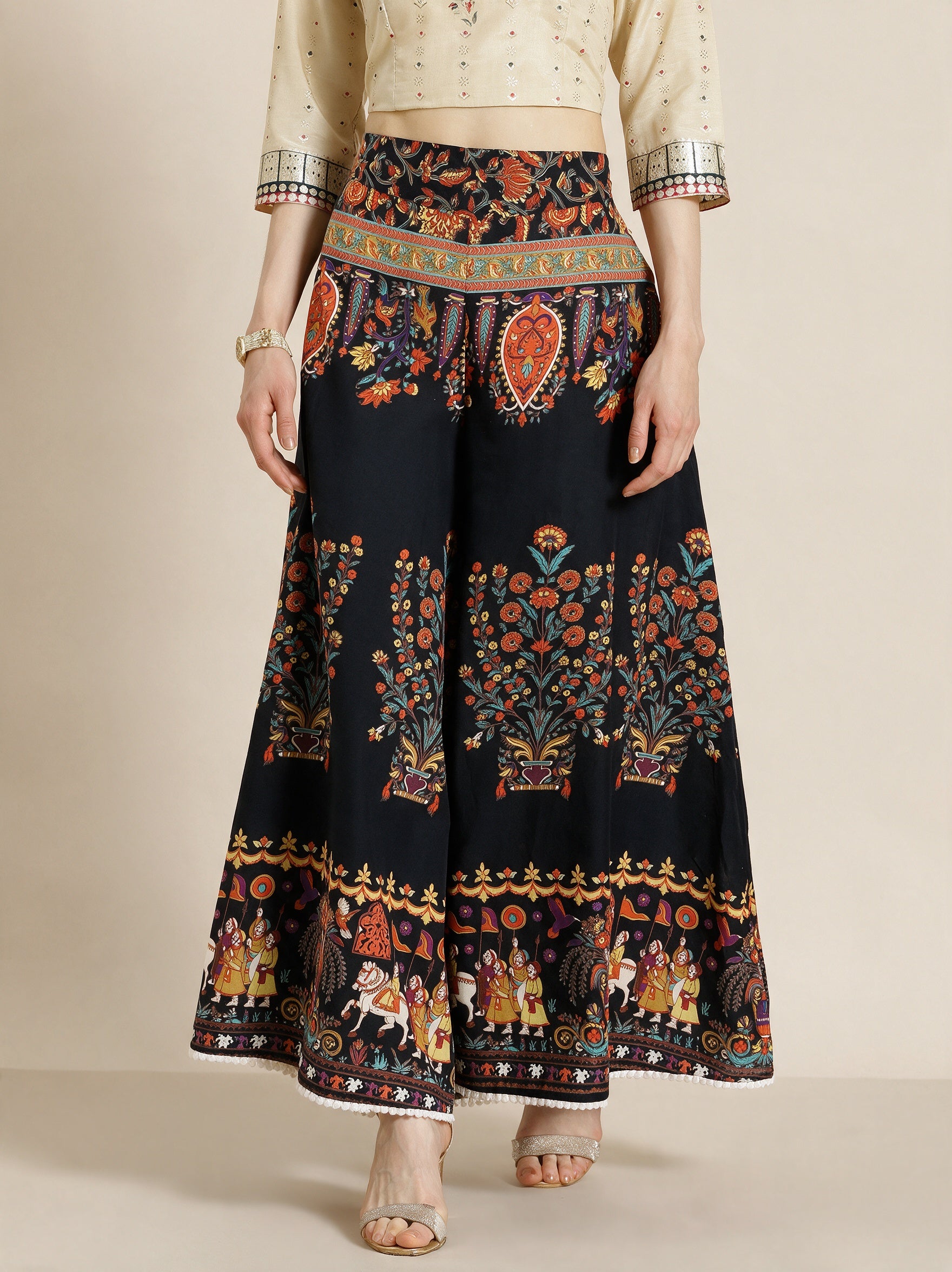 Juniper Women`s Black Cotton Printed Flared Palazzo