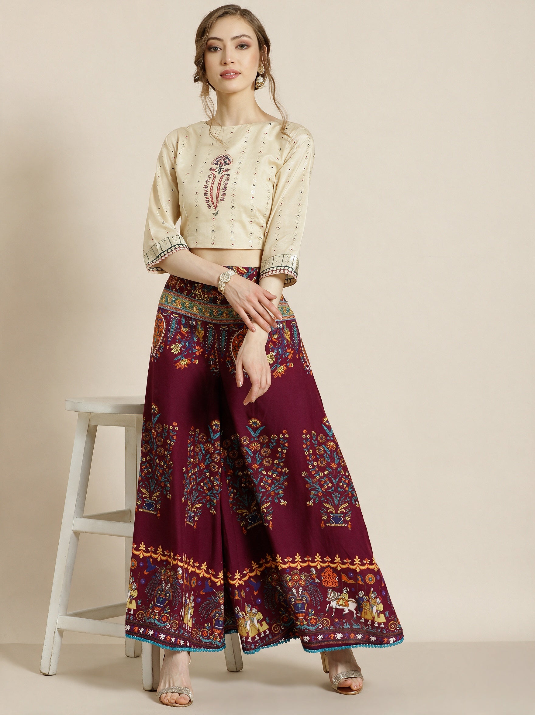 Juniper Women`s Maroon Cotton Printed Flared Palazzo