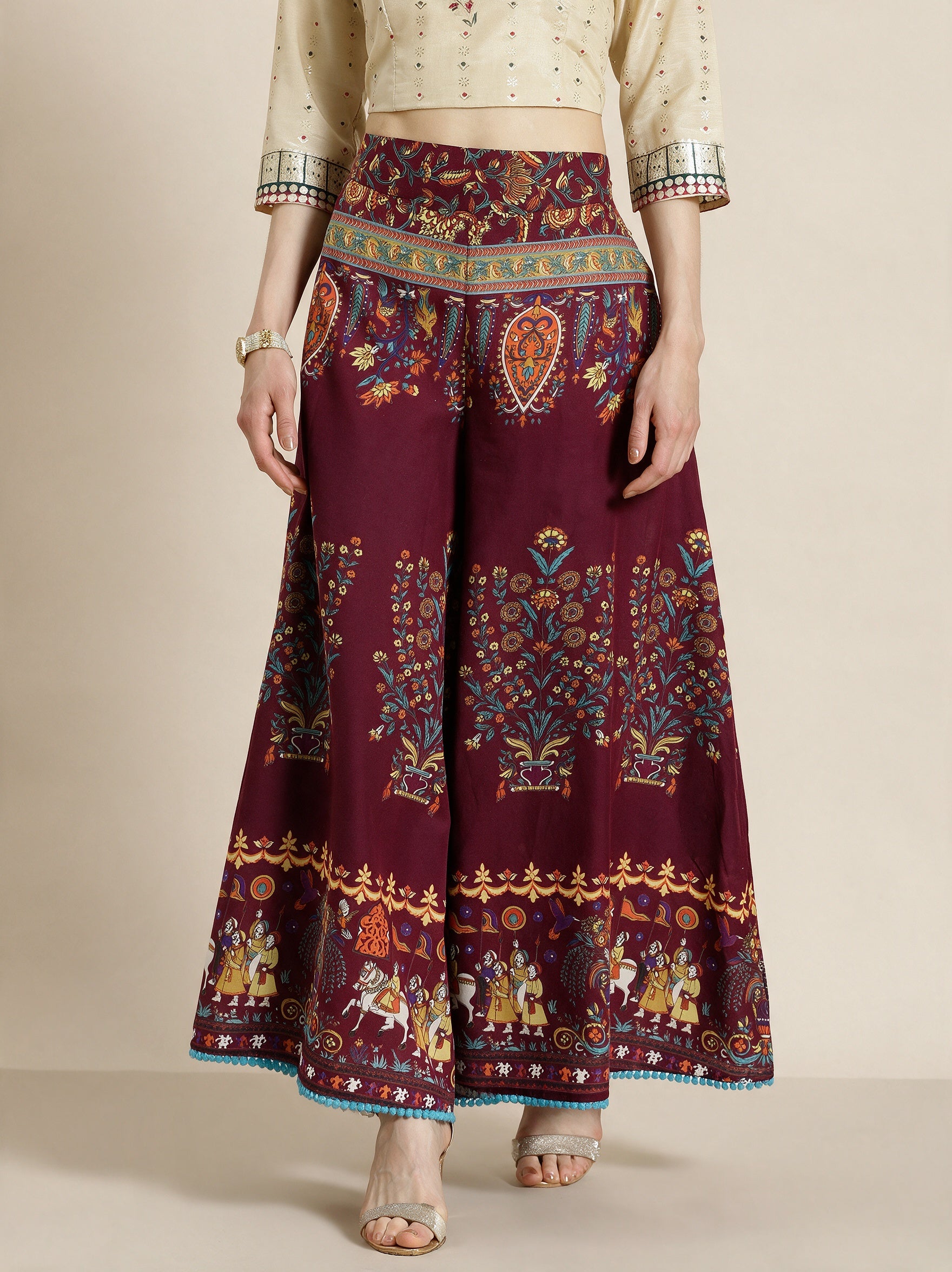 Juniper Women`s Maroon Cotton Printed Flared Palazzo