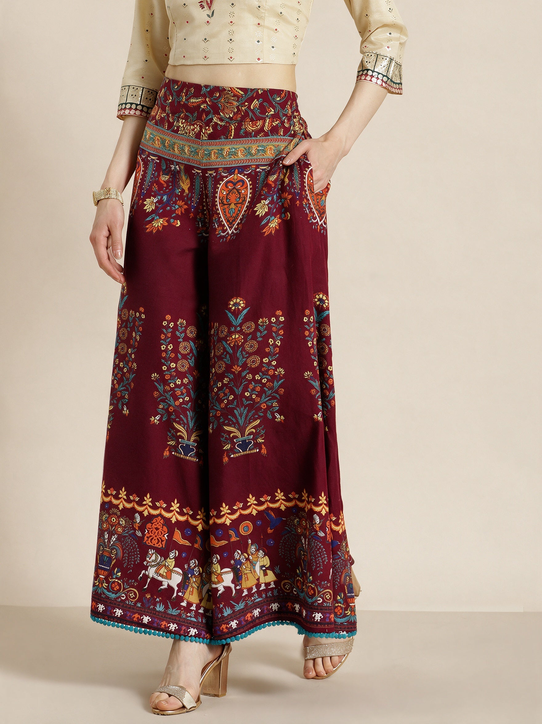Juniper Women`s Maroon Cotton Printed Flared Palazzo