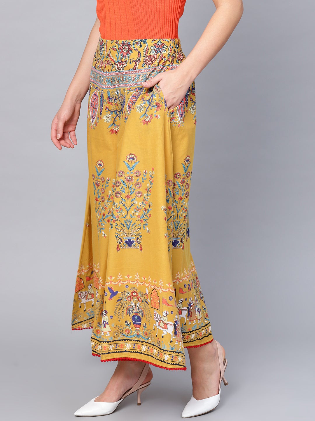 Juniper Mustard Ethnic Motif Printed Flared Cotton Women Palazzo With One Pocket