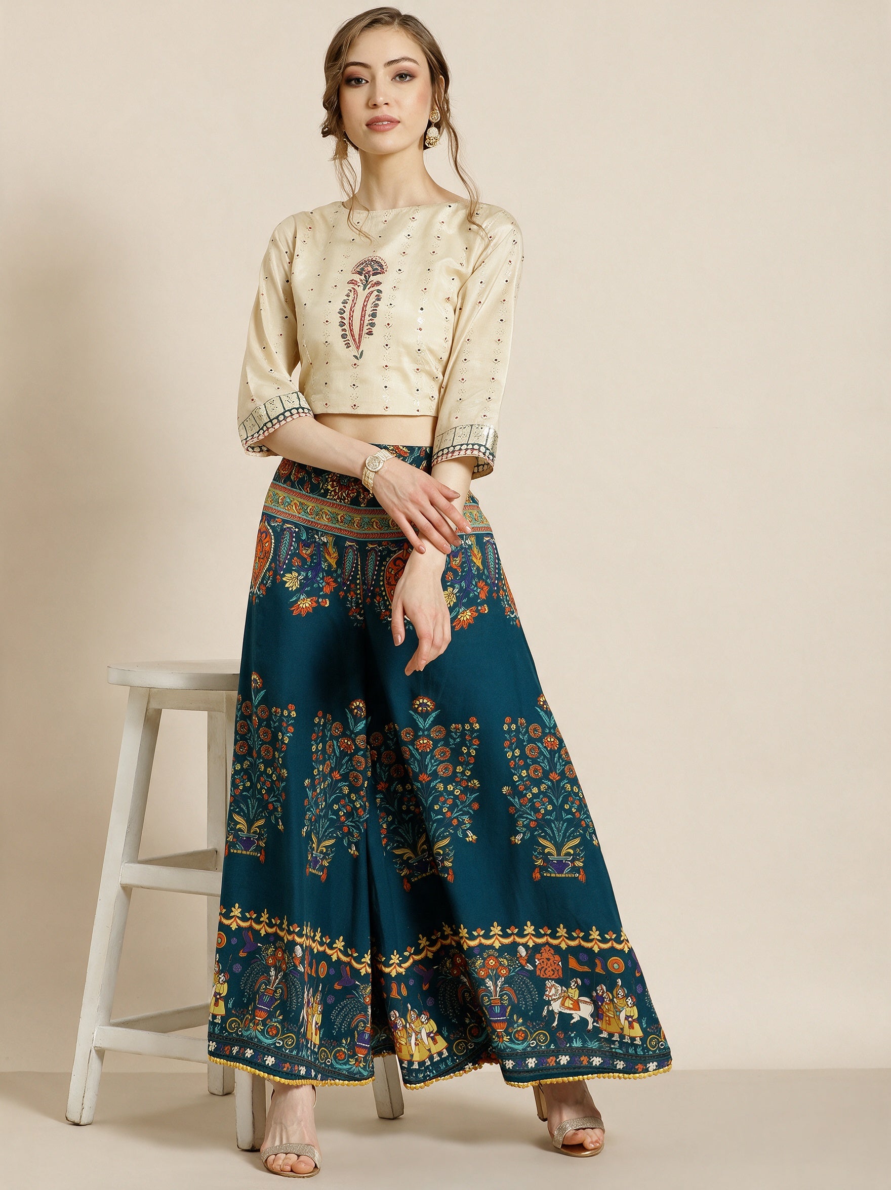 Juniper Women`s Teal Cotton Printed Flared Palazzo