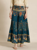 Juniper Women`s Teal Cotton Printed Flared Palazzo